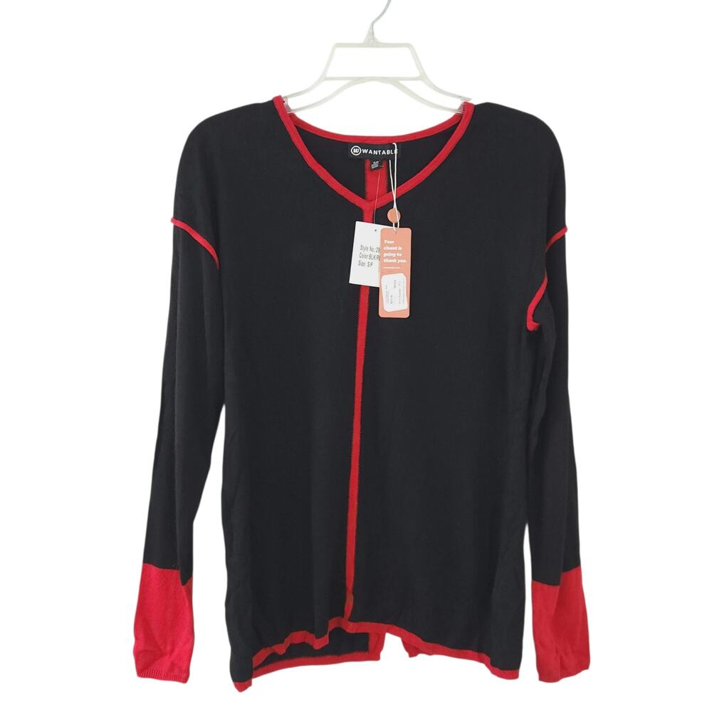 New Wantable Sweater Vneck Small Black with Red Piping Winter Topo